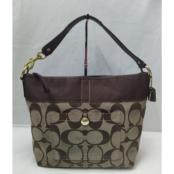 Coach Chelsea Signature Brown Canvas Leather Trim Zipper Hobo Shoulder Bag - Picture 1 of 16